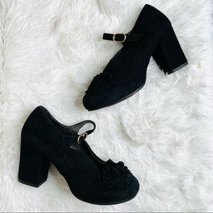 CHIE MIHARA Anthropologie Suede Floral Block Heels